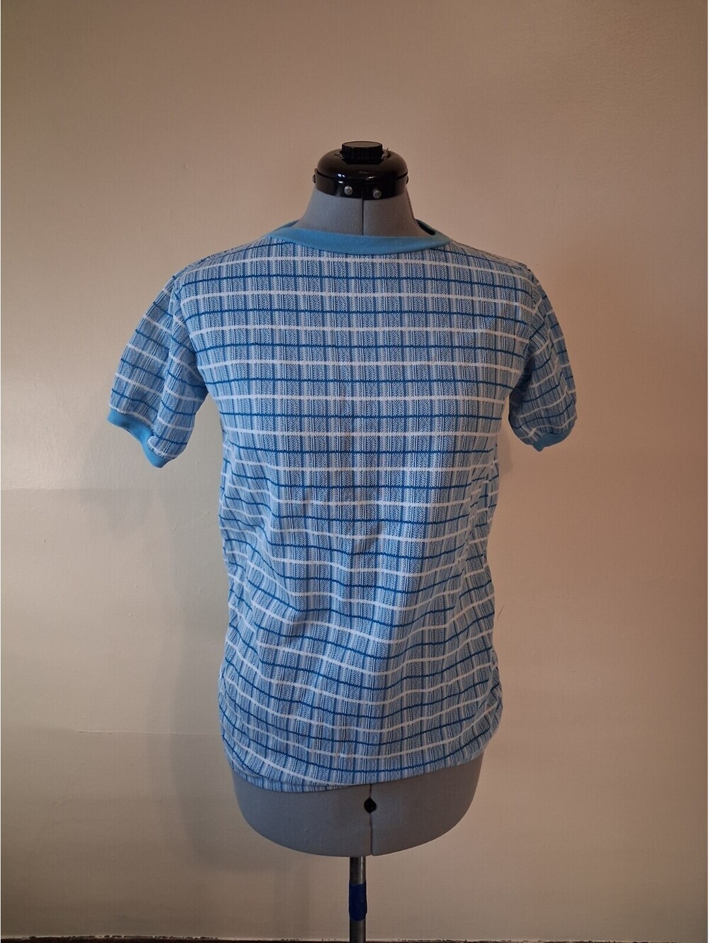 1960s 70s Men's Shirt, Blue Plaid Polyester Tee Size S Stretchy Retro Summer